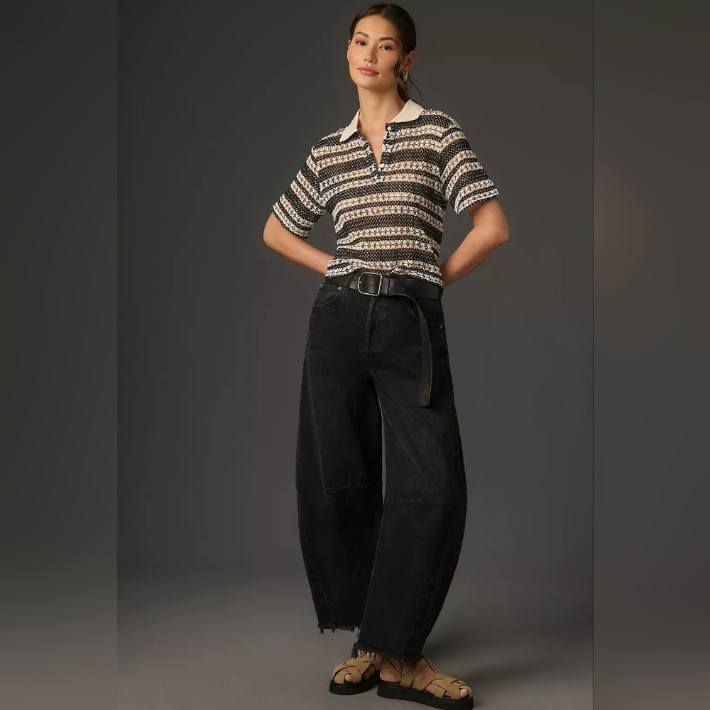 Blue Tassel Anthropologie Crochet Knit Striped Polo Top M